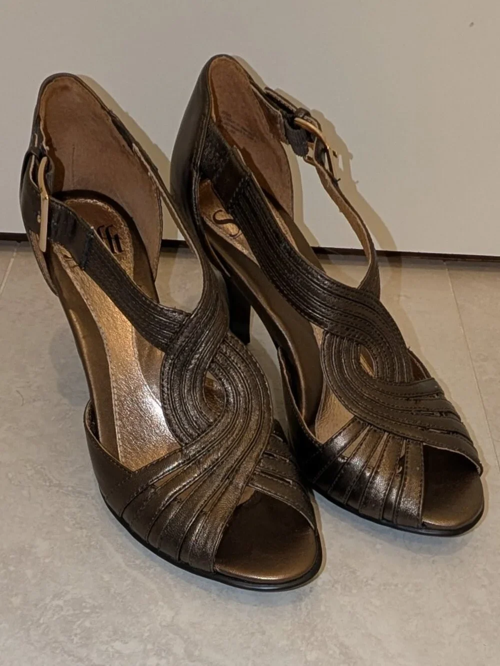 Sofft 6.5W Graciella Bronze Leather Open Peep Toe High Heel Dress Sandals - Picture 9 of 13